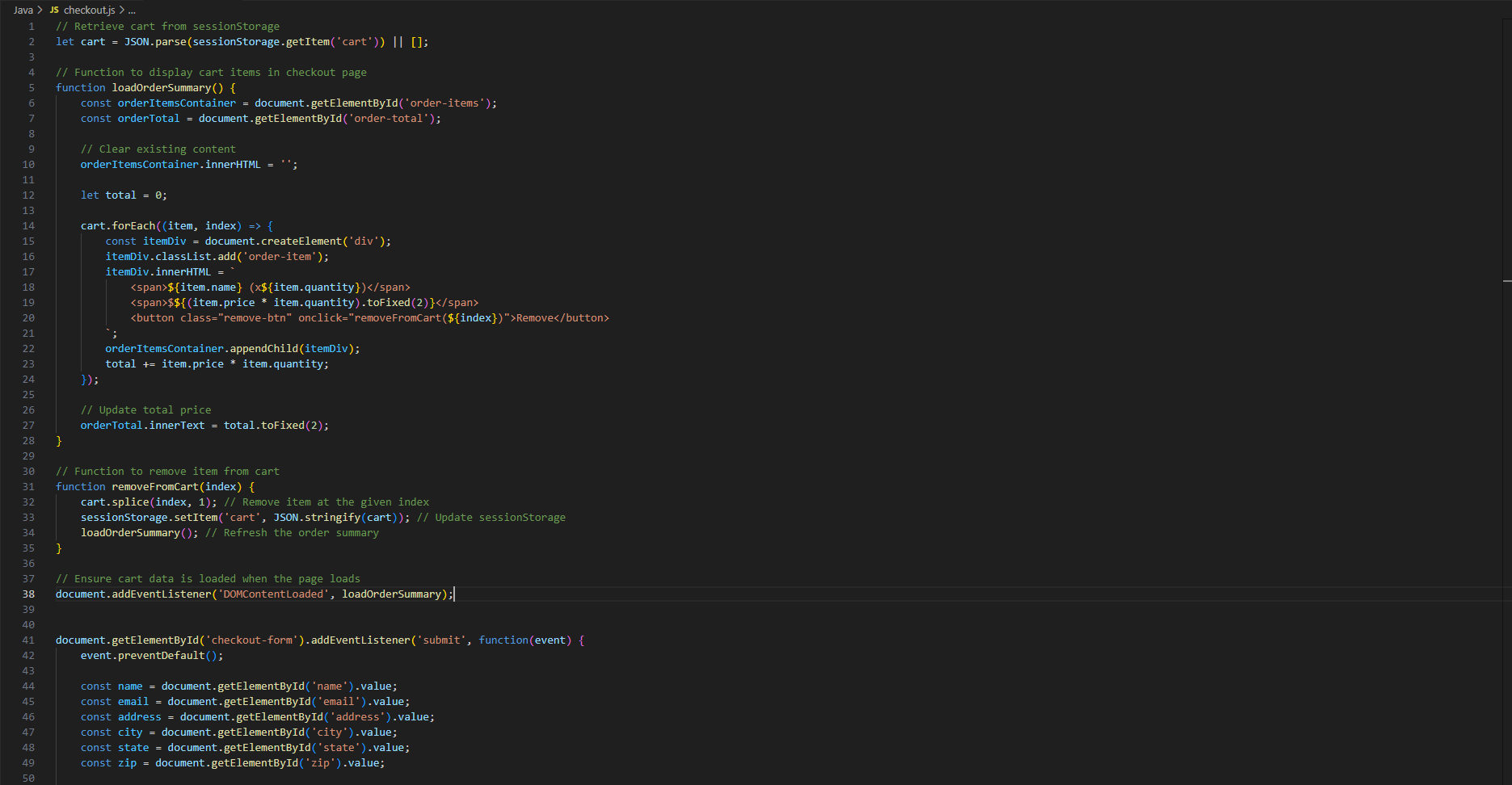 Java code for the Checkout Page