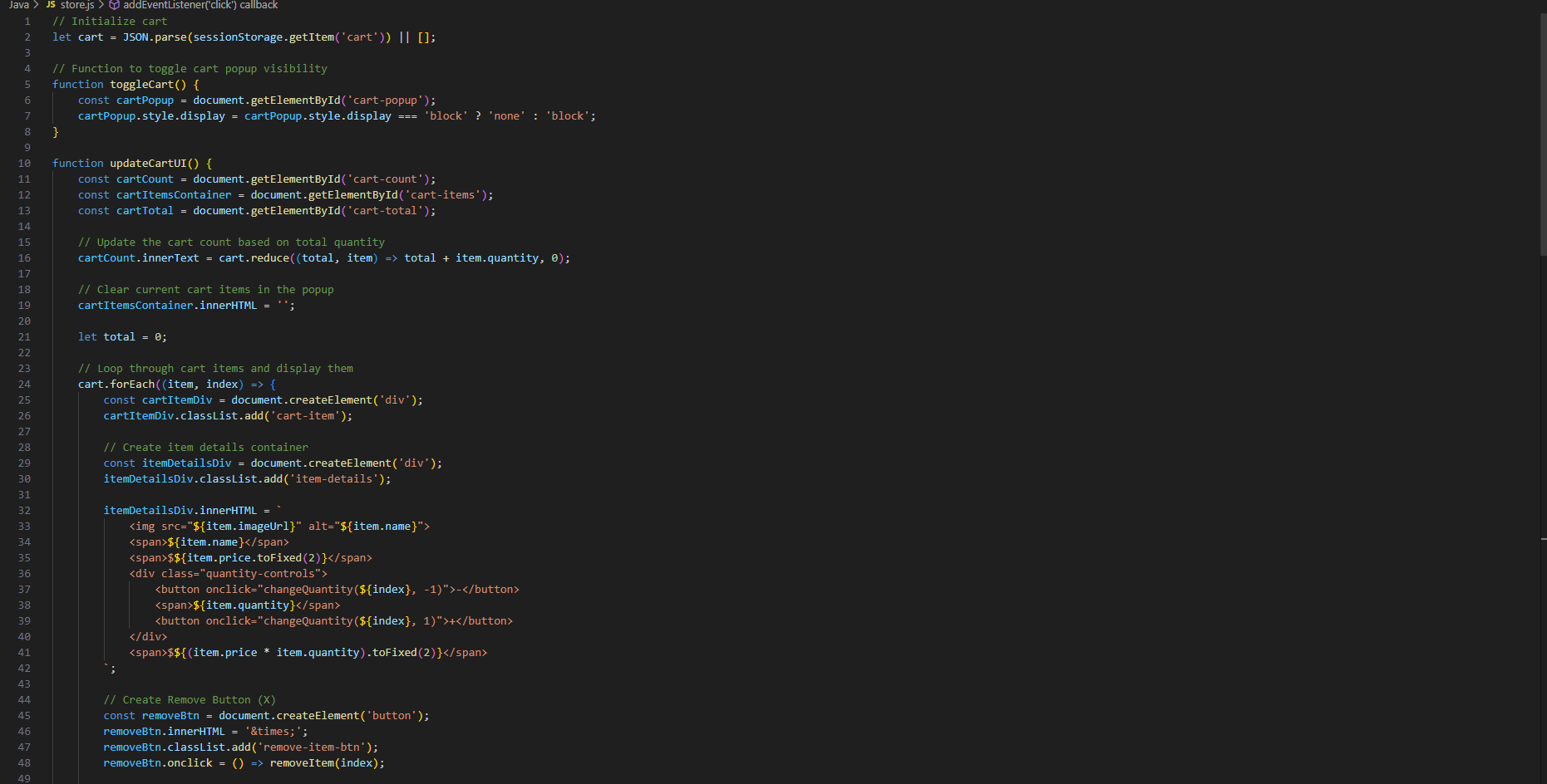 Coding for the store Page